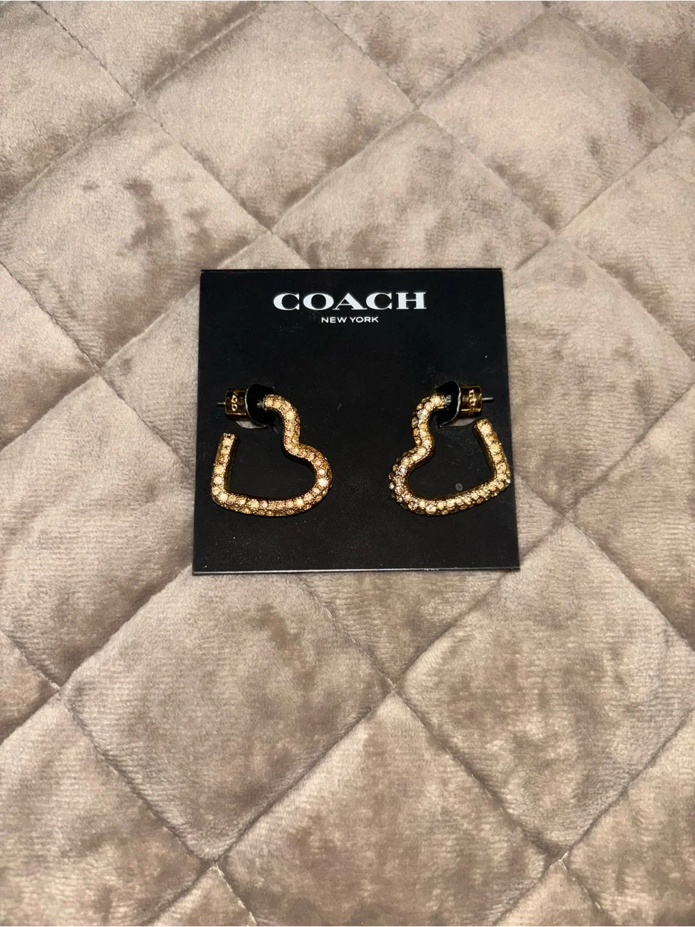 COACH Gold Crystal Heart Hoop Earrings